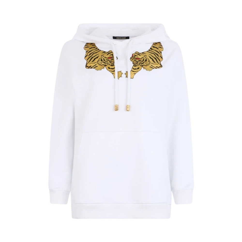 Roberto Cavalli Women's White Sweatshirt Hoodie With Tiger Embroidery - Hoodies - L - Sweatshirts & Hoodies