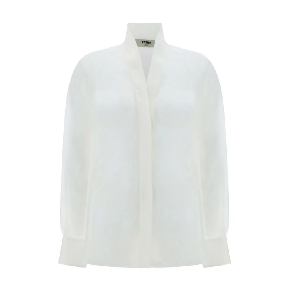 Fendi Zijden V-hals Shirt met Asymmetrische Zoom White Dames