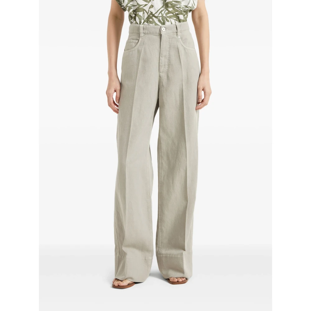 BRUNELLO CUCINELLI Monili Losse Broek in Katoen Linnen Beige Dames