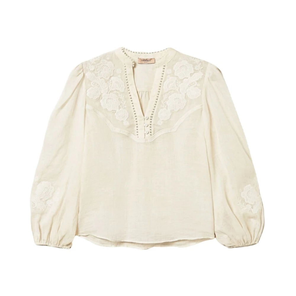 Twinset Women's White Blouses, Xl, Floral Embroidered V-Neck Blouse