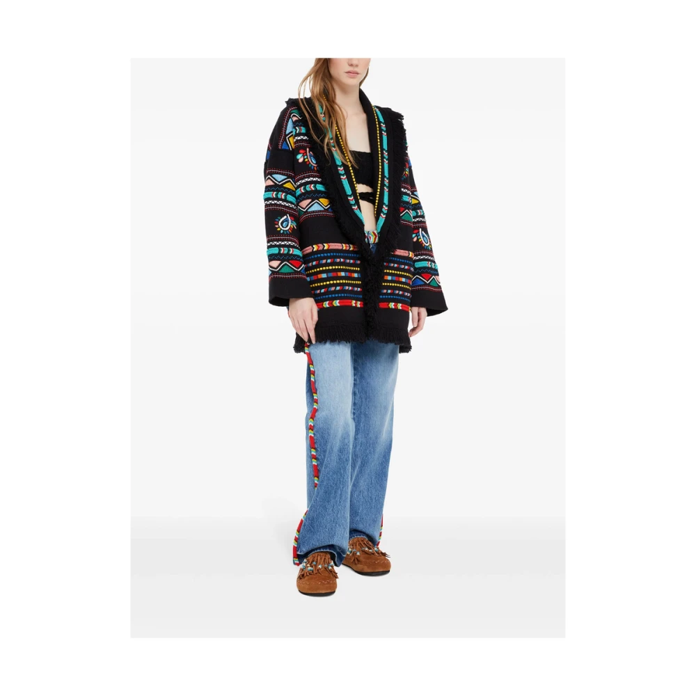 Alanui Zwarte Shawl Revers Trui met Franjes Multicolor Dames