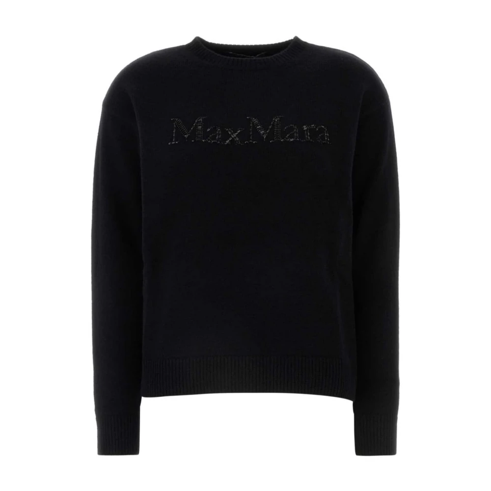 Max Mara Zwarte Wollen Trui Ribgebreide Ronde Hals Black Dames