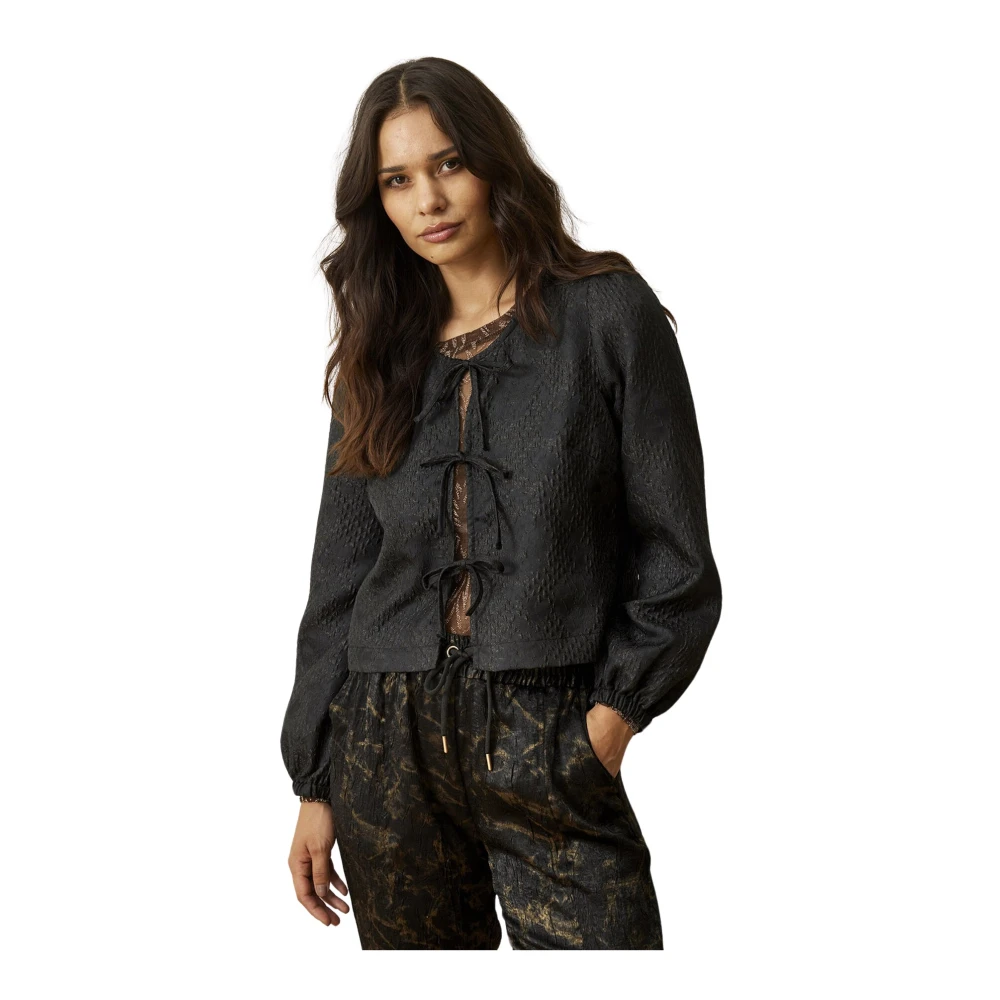 IN Front Gestructureerde Cardigan met Pofmouwen Black Dames