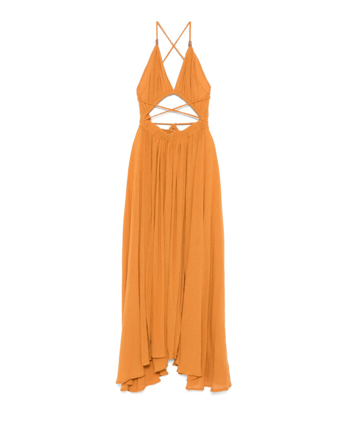 robe-orange-a-col-halter-et-plissee