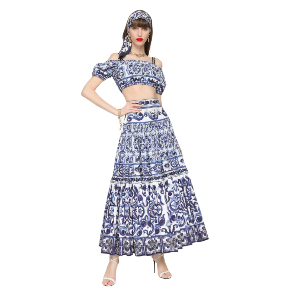 Dolce & Gabbana Gedrukte Majolica Katoenen Poplin Crop Top Blue Dames