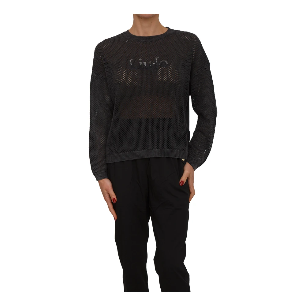 Liu Jo Vrouw Zwart Truien & Vesten Dames, M, Katoen, Trui Met Strass-Details En Ronde Hals