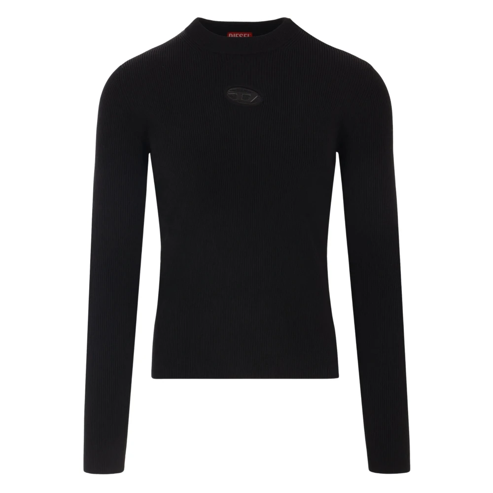 Diesel Men's Black Round-Neck Knitwear,, Ribbed Crew Neck Jumper With Logo Large