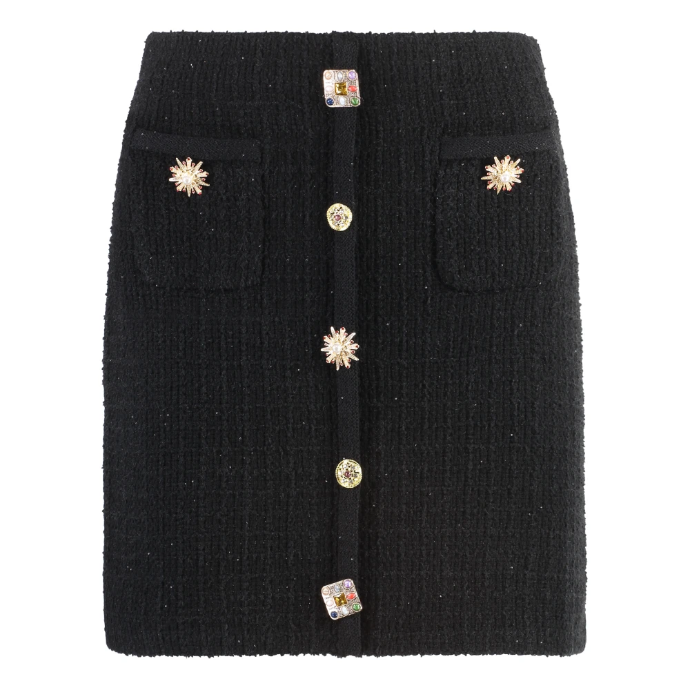 Self Portrait Geribbelde Gebreide Minirok met Gouden Knopen Black Dames