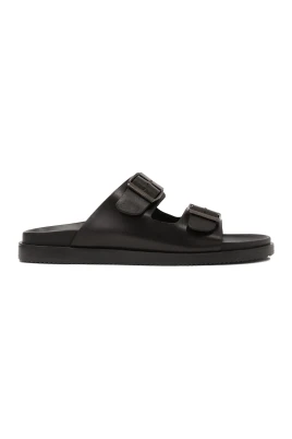 Svarta läderflip-flops med spännen