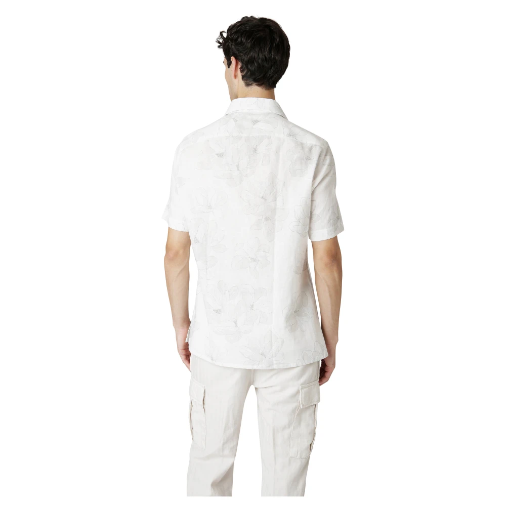 Eleventy Bloemen korte mouw linnen katoenen overhemd White Heren