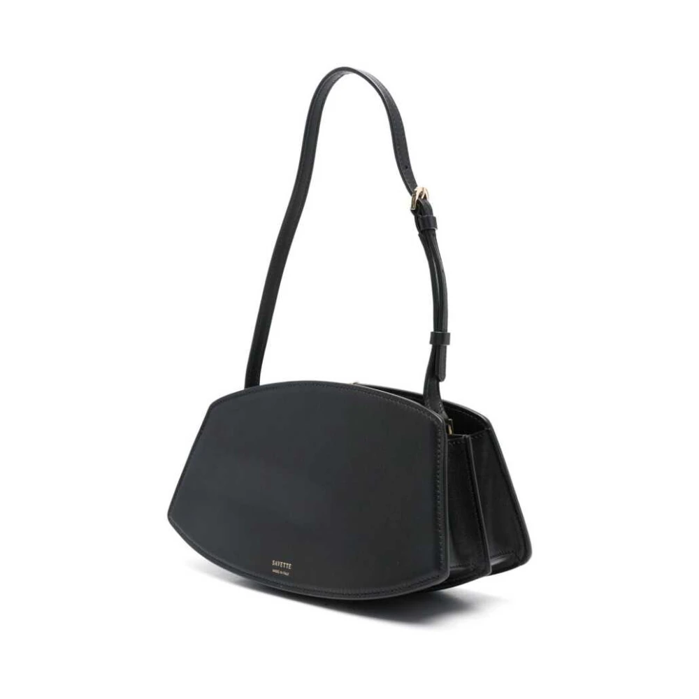 Savette Zwarte leren schoudertas met magnetische sluiting Black Dames