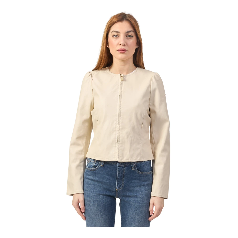YES ZEE Beige Leren Jas met Strepen Beige Dames