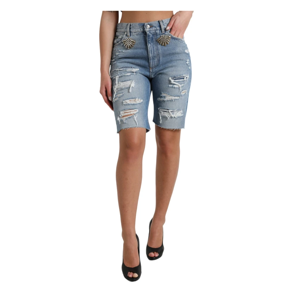 Dolce & Gabbana Women's Blue High Waist Embellished Bermuda Denim Shorts - Denim Shorts - S - Shorts