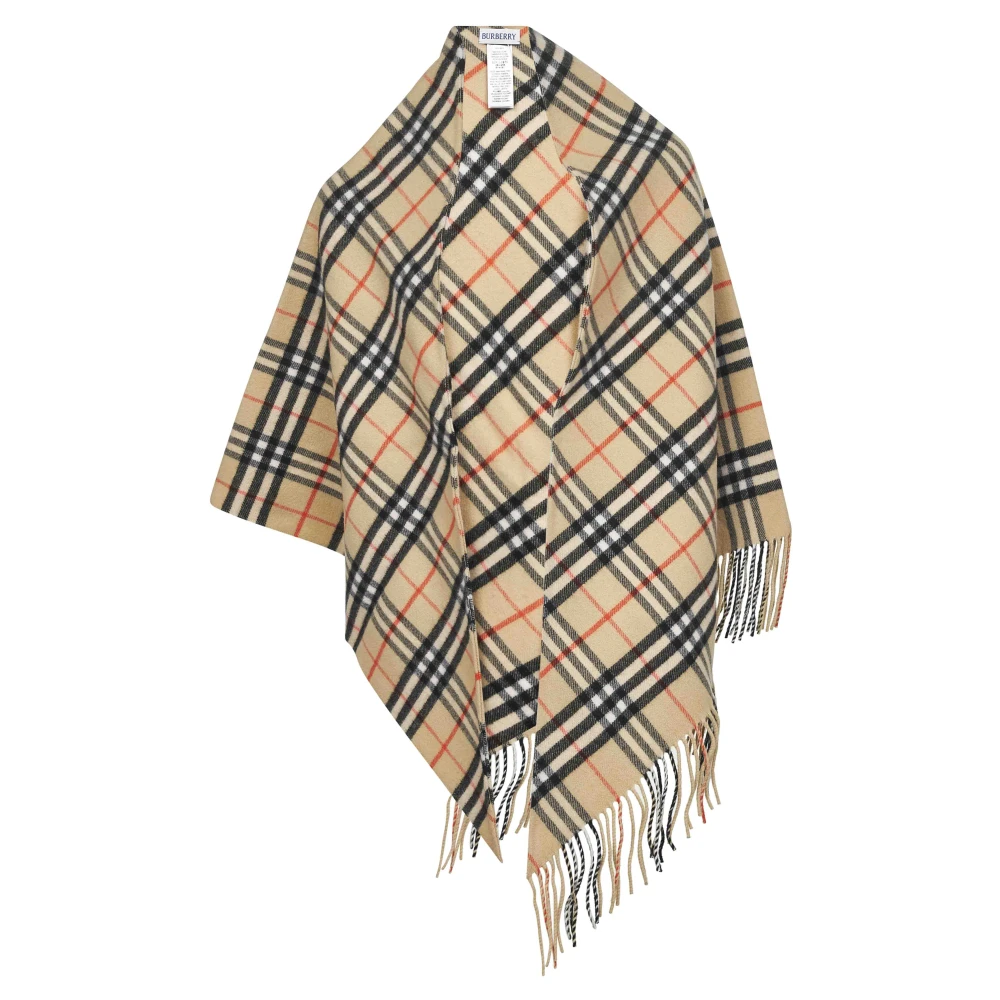 Burberry Women's Beige Ponchos, One Size, Checkered Fringed Scarf