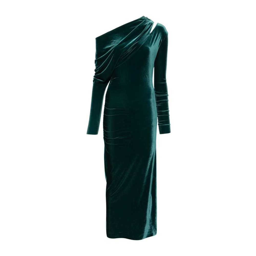 Amazuin Luxe Fluweel Lange Jurk met Asymmetrische Mouwen Green Dames