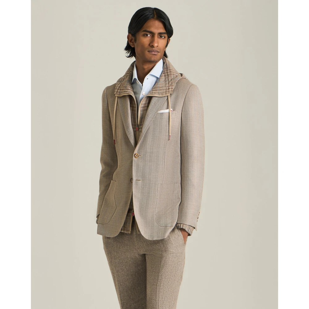 Kiton Herringbone Patroon Cashmere Blend Blazer Beige Heren