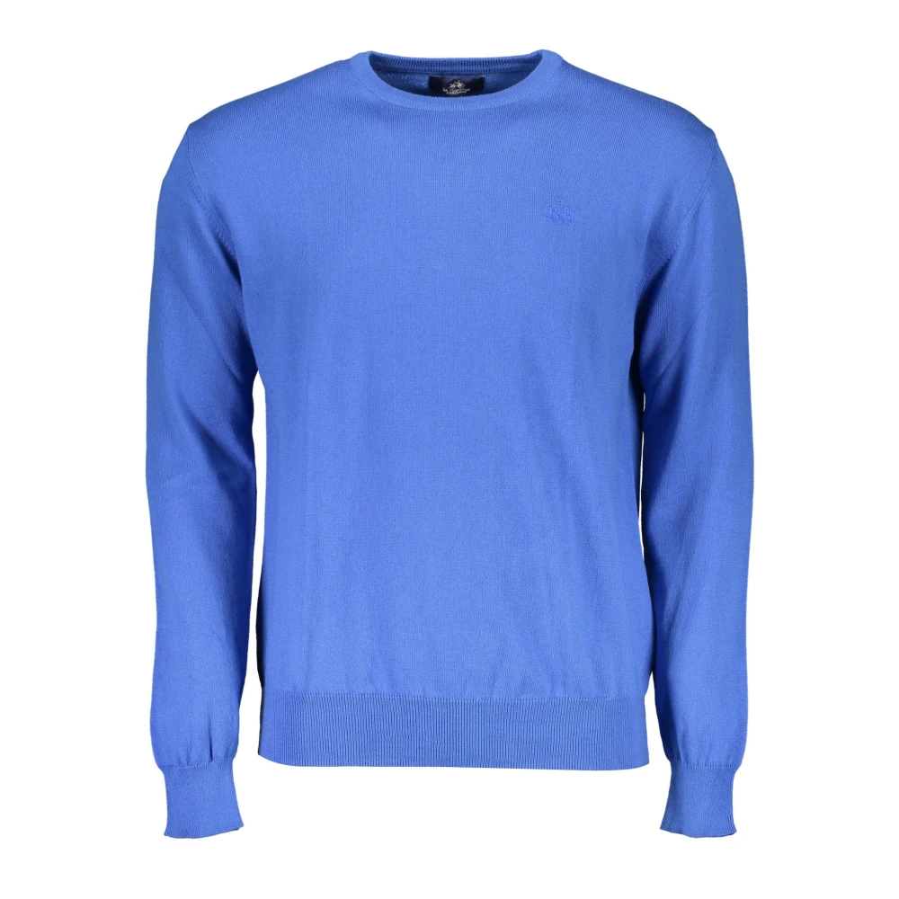 La Martina Men's Blue Round-Neck Knitwear, S, Long Sleeve Embroidered Logo Jumper