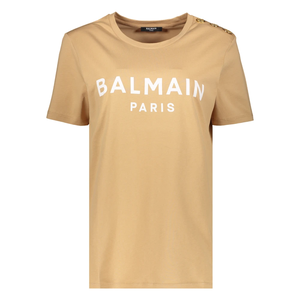 Balmain Katoenen Logo Print T-shirt Brown Dames