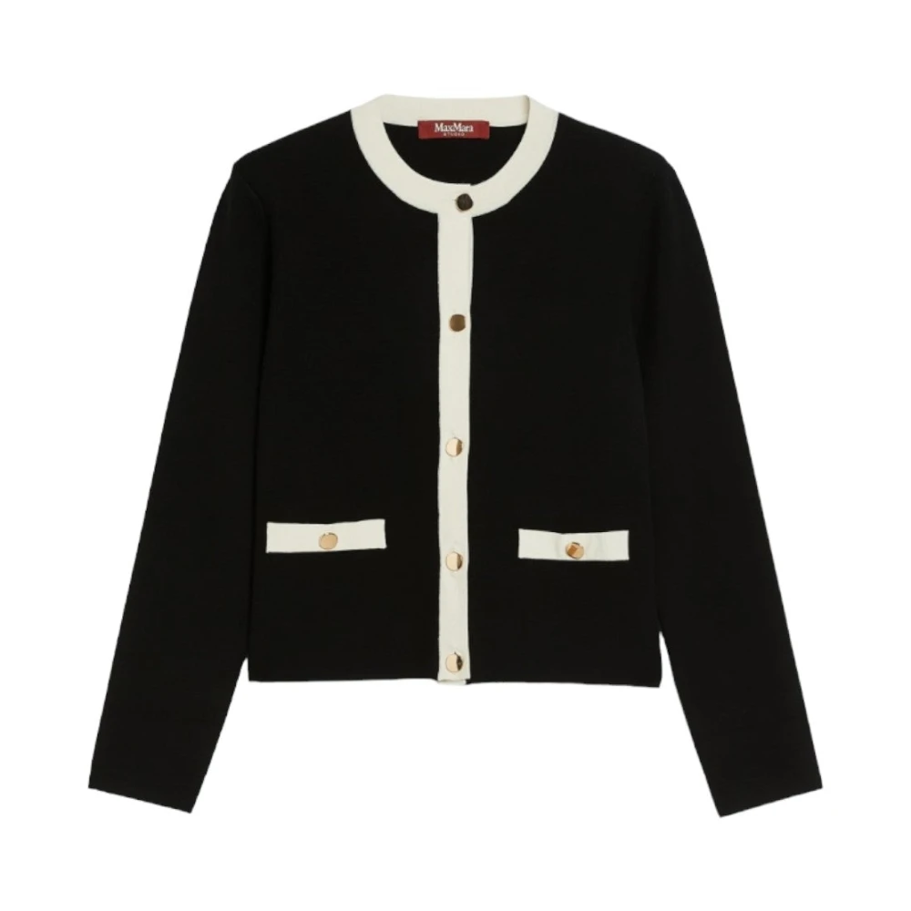 Max Mara Gebreid Crew-Neck Jack met Flappen Black Dames