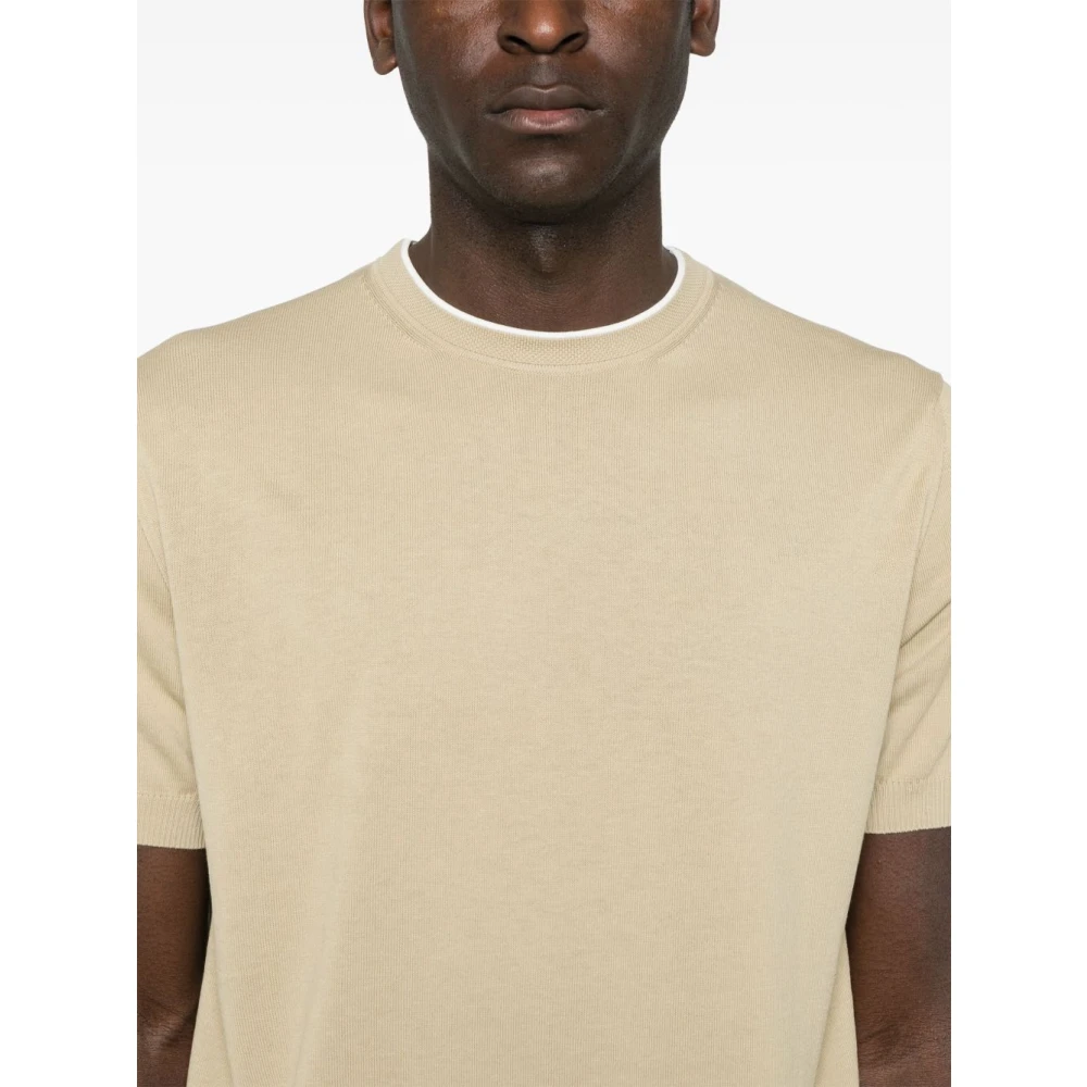 Canali Fijngebreide Gestreepte Ronde Hals T-shirt Beige Heren