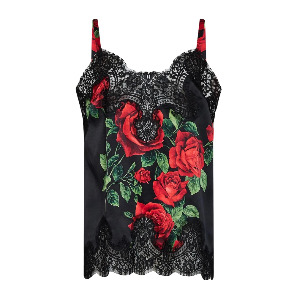 Dolce & Gabbana , Sleeveless Tops, Female, Multicolor, L, Rose-Print Satin Top
