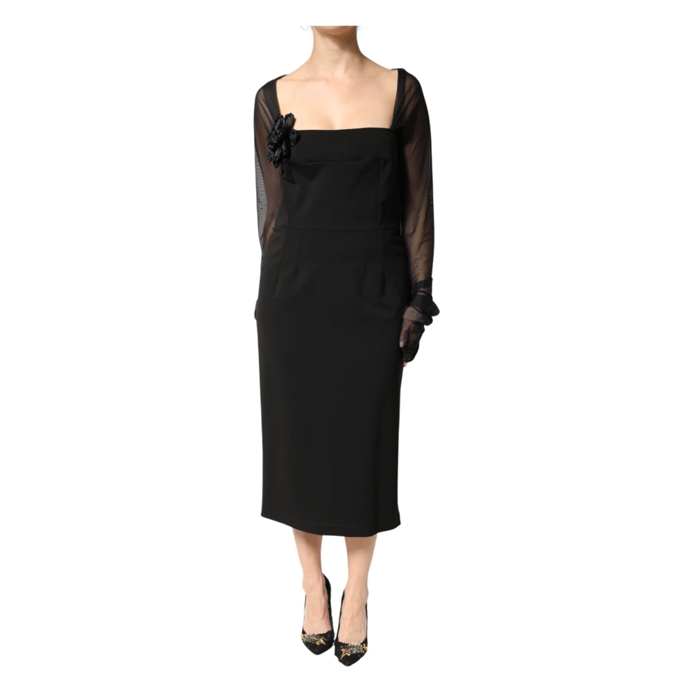 Dolce & Gabbana Women's Black Midi Dresses, Xl, Sheer Yoke Rosette Sheath Midi Dress