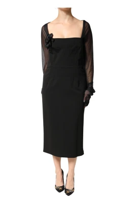 Sheer Yoke Rosette Sheath Midi Dress