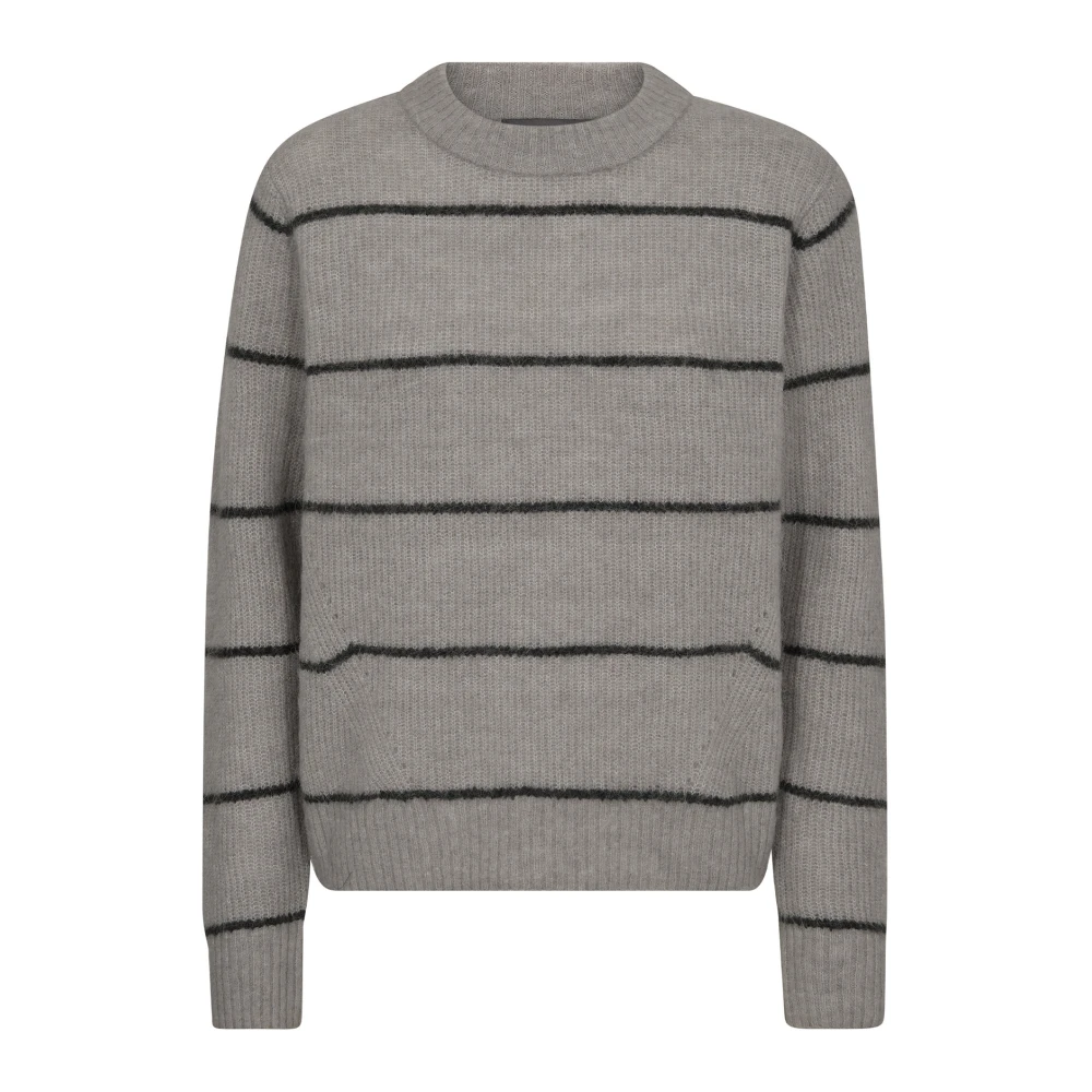 MOS MOSH Slim Stripe Crewneck Gebreide Trui Gray Dames