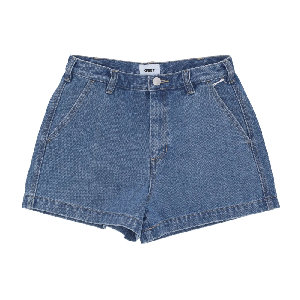 Obey Women's Blue Denim Shorts With Logo Button Closure
