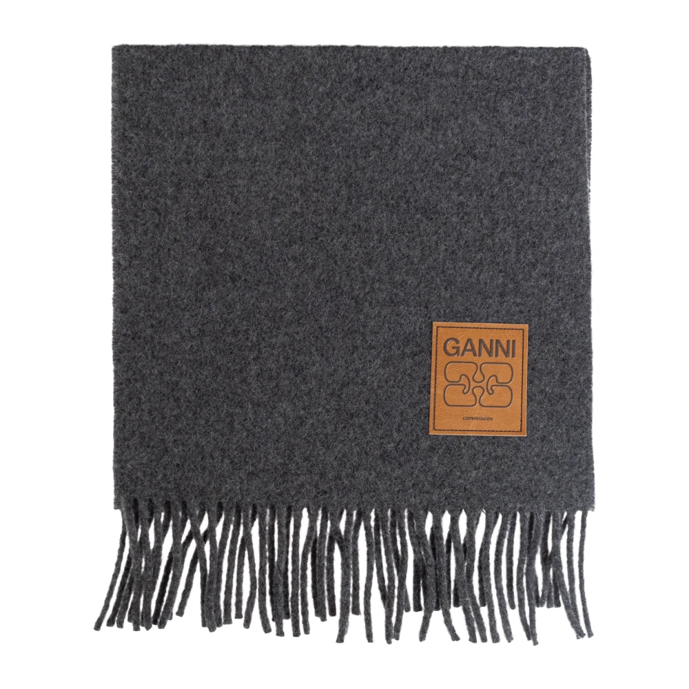 Ganni Women's Gray Winter Scarves, One Size, Wool Scarf With Logo
