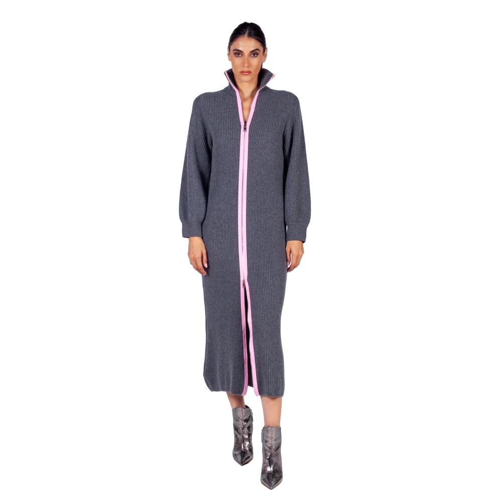 Msgm Grijze Ribgebreide Ritssluiting Maxi Jurk Gray Dames