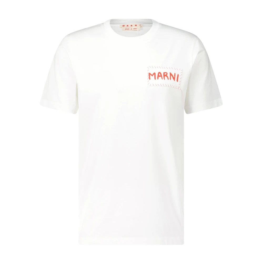 Marni Logo Print Katoenen T-Shirt White Heren