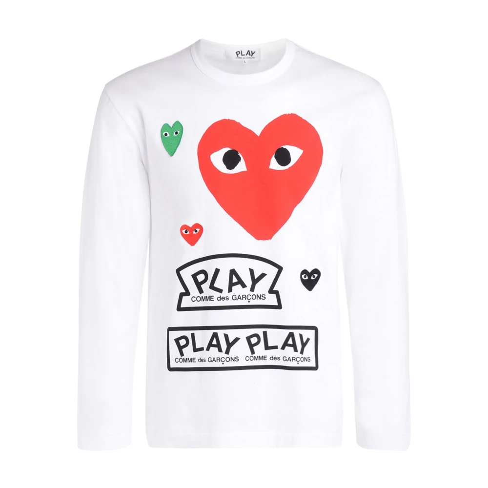 Comme des Garçons Play Lange mouw wit T-shirt met rood hart en multicolor logo's White Heren