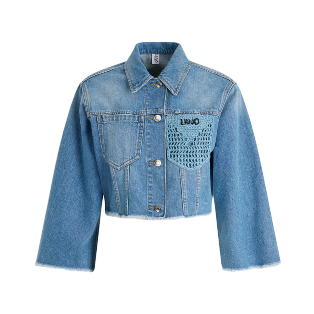 Liu Jo Blå Denim Cropped Jacka Med Fransade Kanter