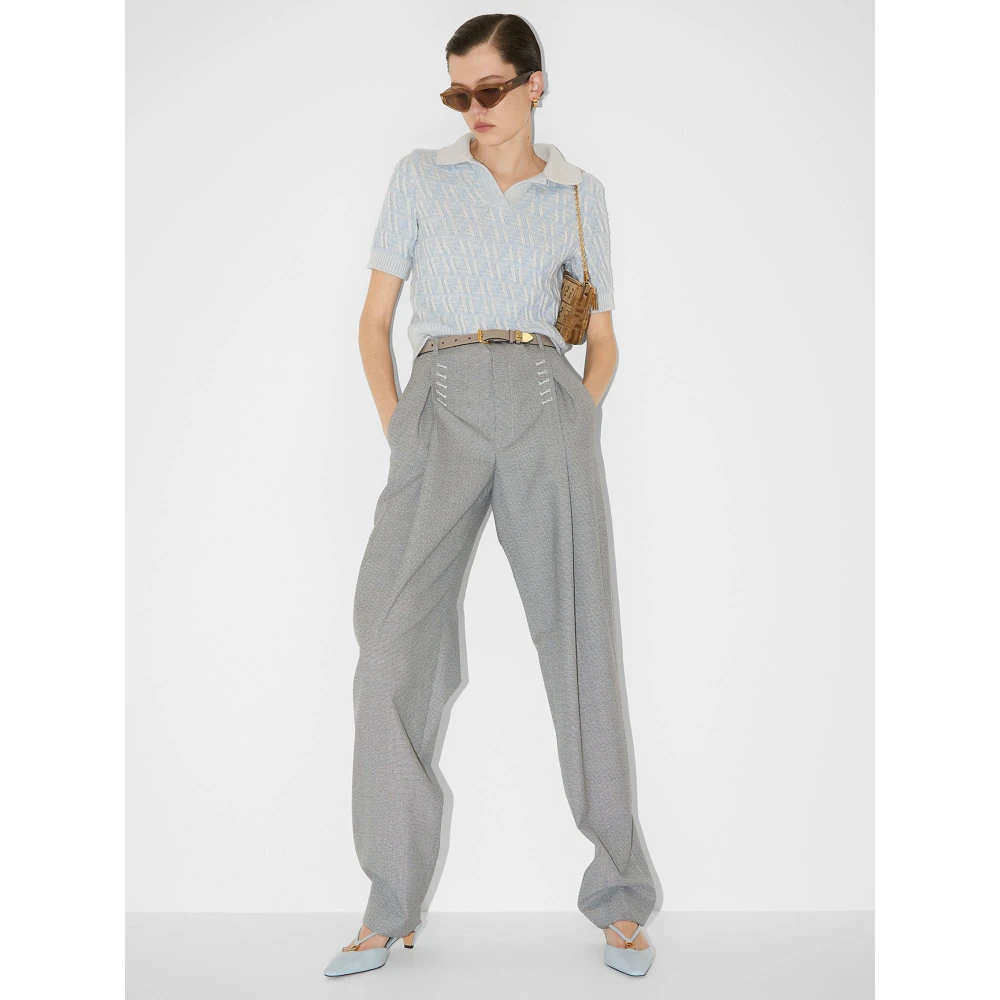 Fendi Blauwe Jacquard Sweater Geribbelde Kraag Blue Dames