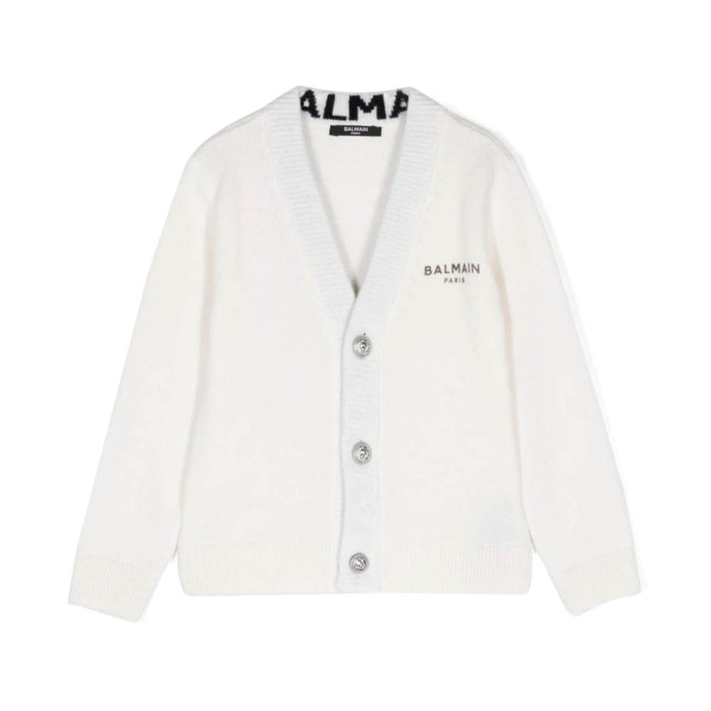 Balmain Barn Cardigan med Logo Print White, Pojke