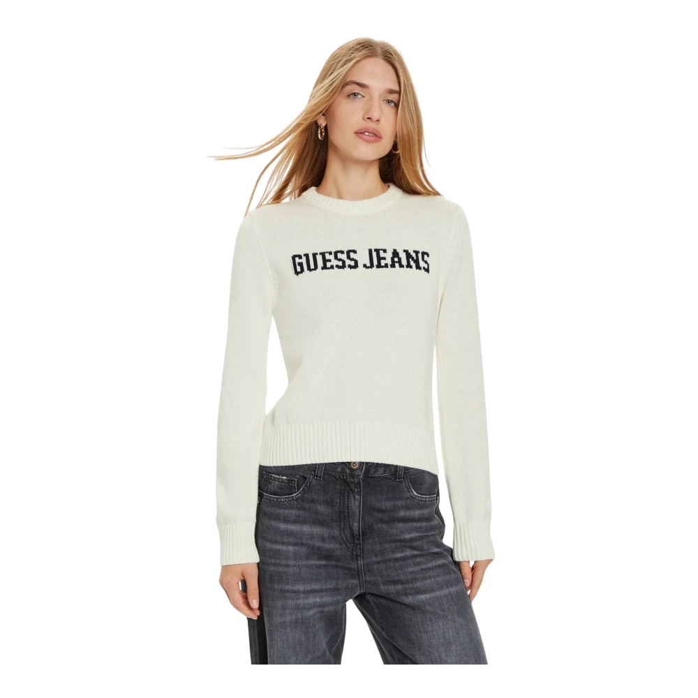 Guess , Round-Neck Knitwear, Female, White, M, Logo Intarsia Jumper