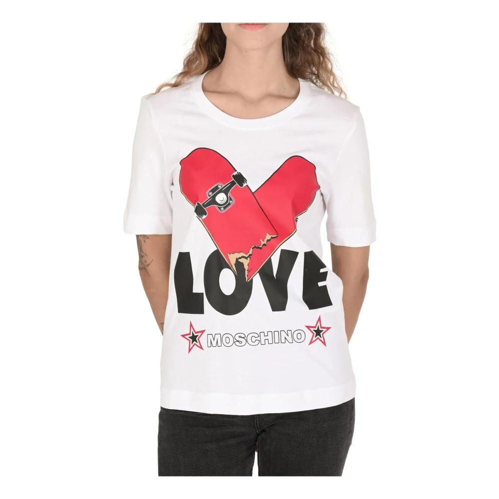 Love Moschino Wit Katoenen T-shirt met Inlay White Dames