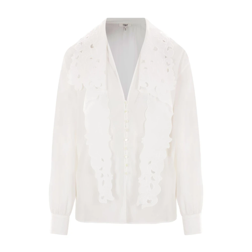Chloé Geborduurde Lavallière Shirt in Wit Katoen White Dames