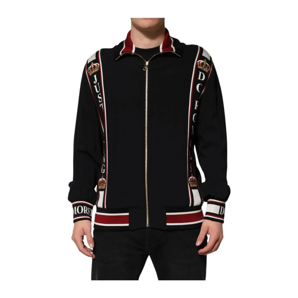 Dolce & Gabbana Svart Full Zip Pullover Sweater With Dg King Motif