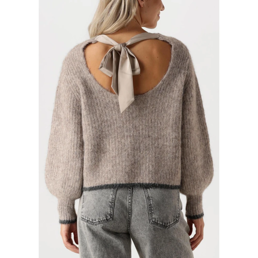Co'Couture Grijze Ribgebreide Trui met Strikdetail Gray Dames