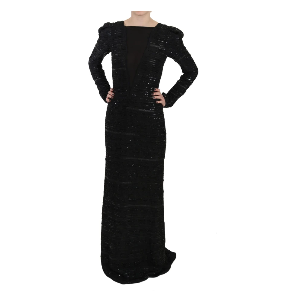 John Richmond Women's Black Silk Full Length Sequined Gown Dress