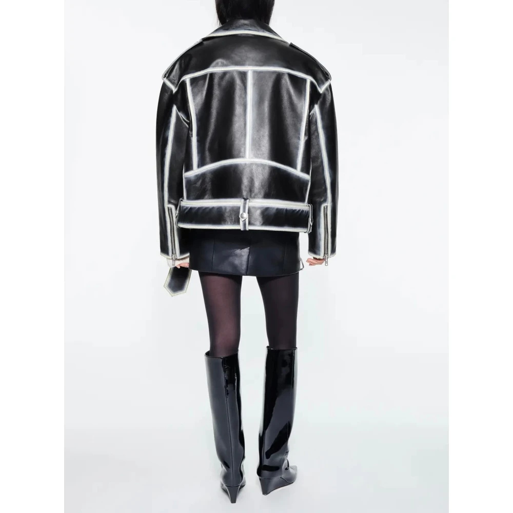 Stand Studio Oversized Leren Jas met Ritsdetails Black Dames