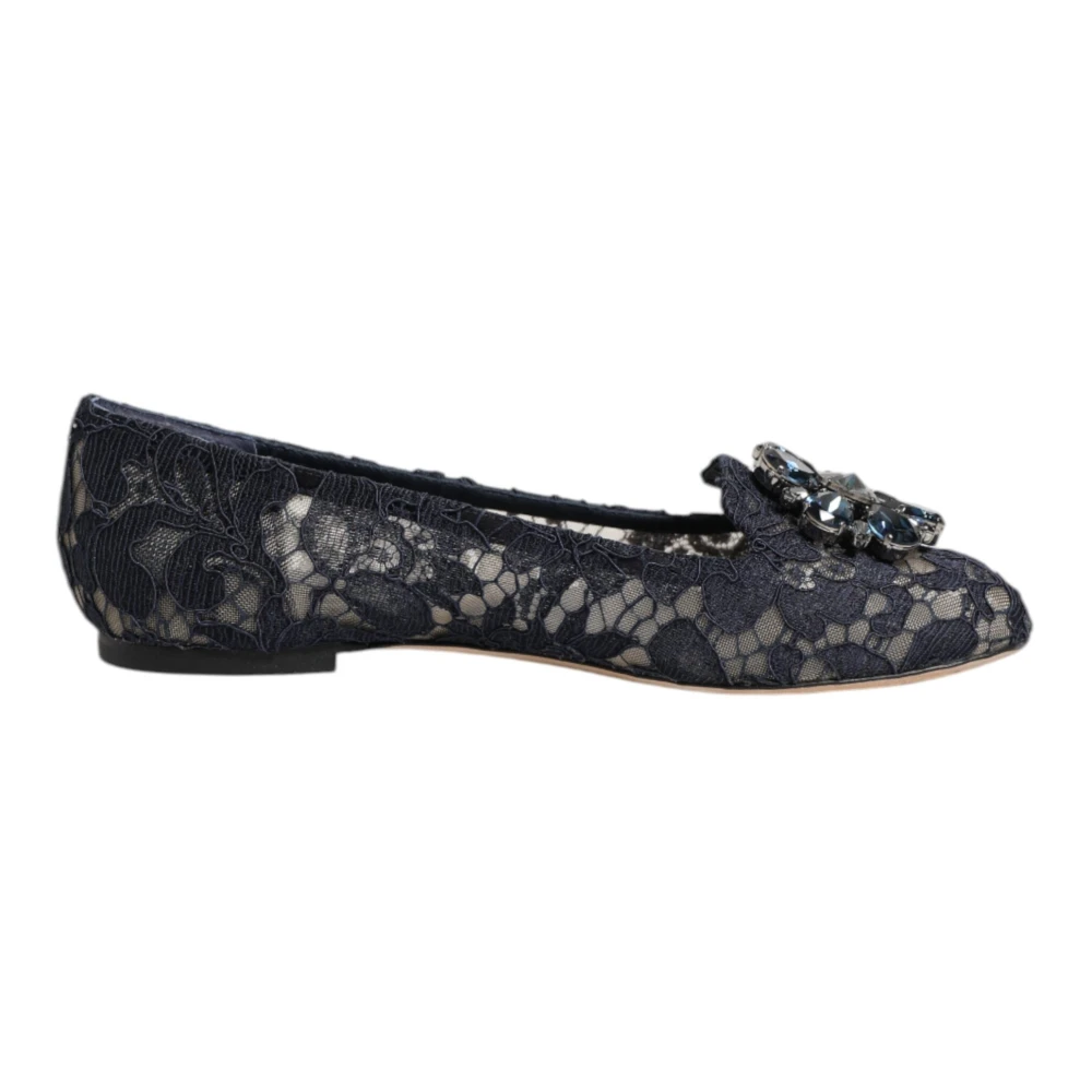 Dolce & Gabbana Women's Blue Ballerina Shoes, 1 Uk, Taormina Lace Crystal Flats