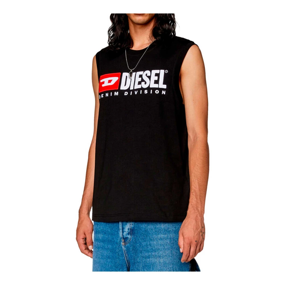 Diesel Mouwloos katoenen T-shirt met denimprint Black Heren
