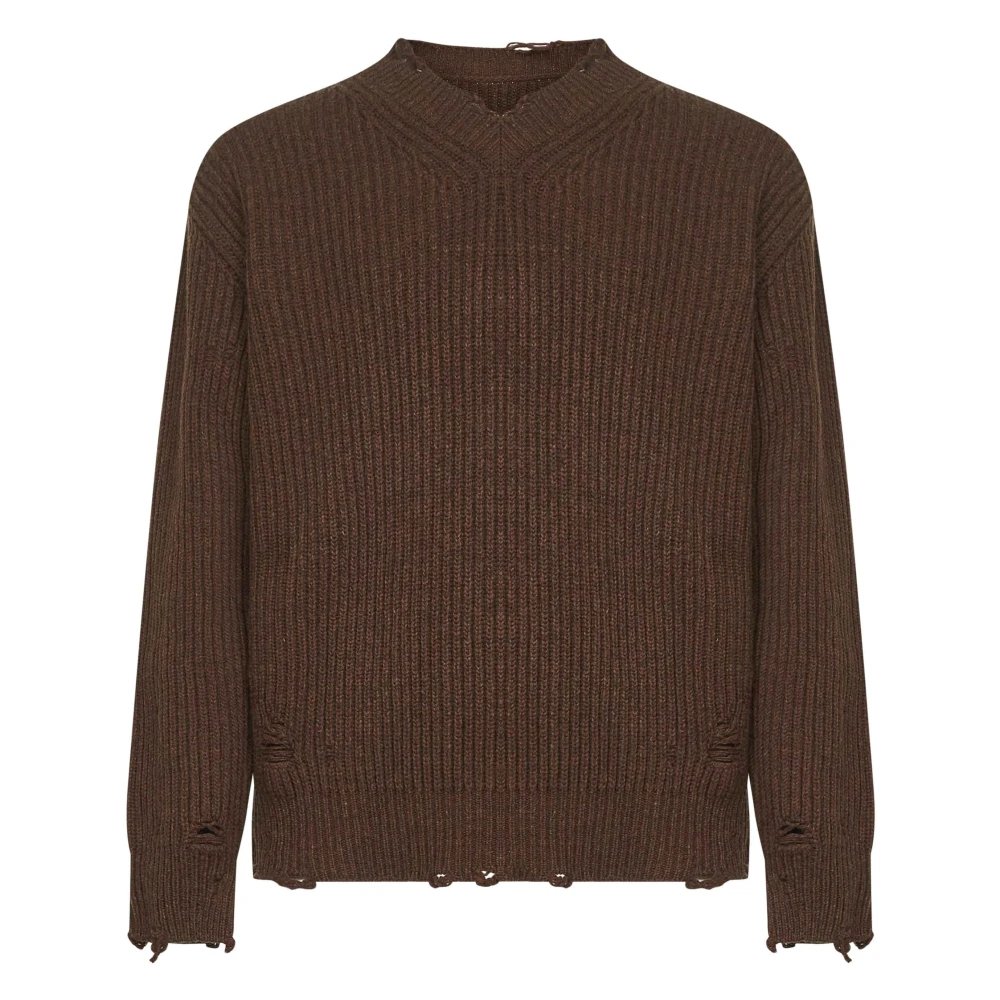 Mm6 Maison Margiela Men's Brown V-Neck Knitwear, S, Distressed V-Neck Jumper