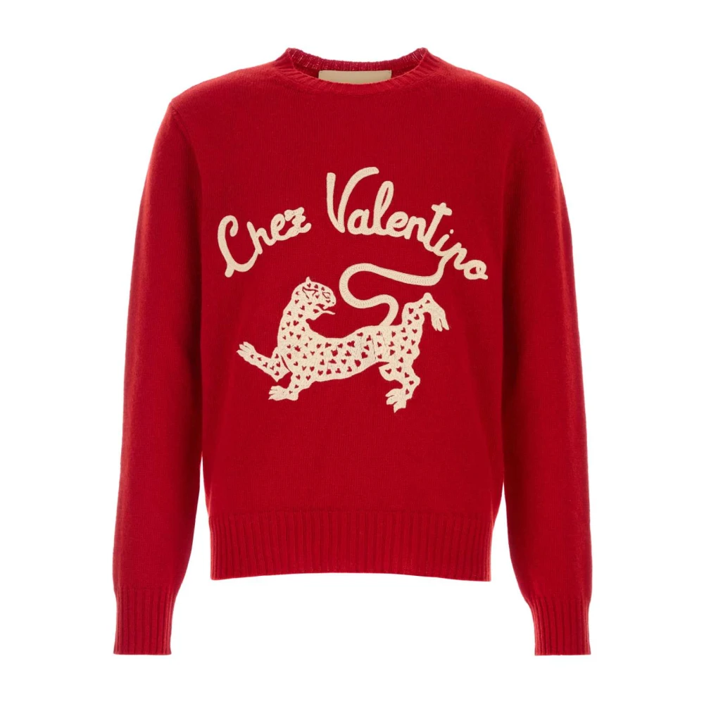 Valentino Garavani Red Round-Neck Knitwear, Male, M, Wool Jumper With Chez Valentino & Panther Embroidery