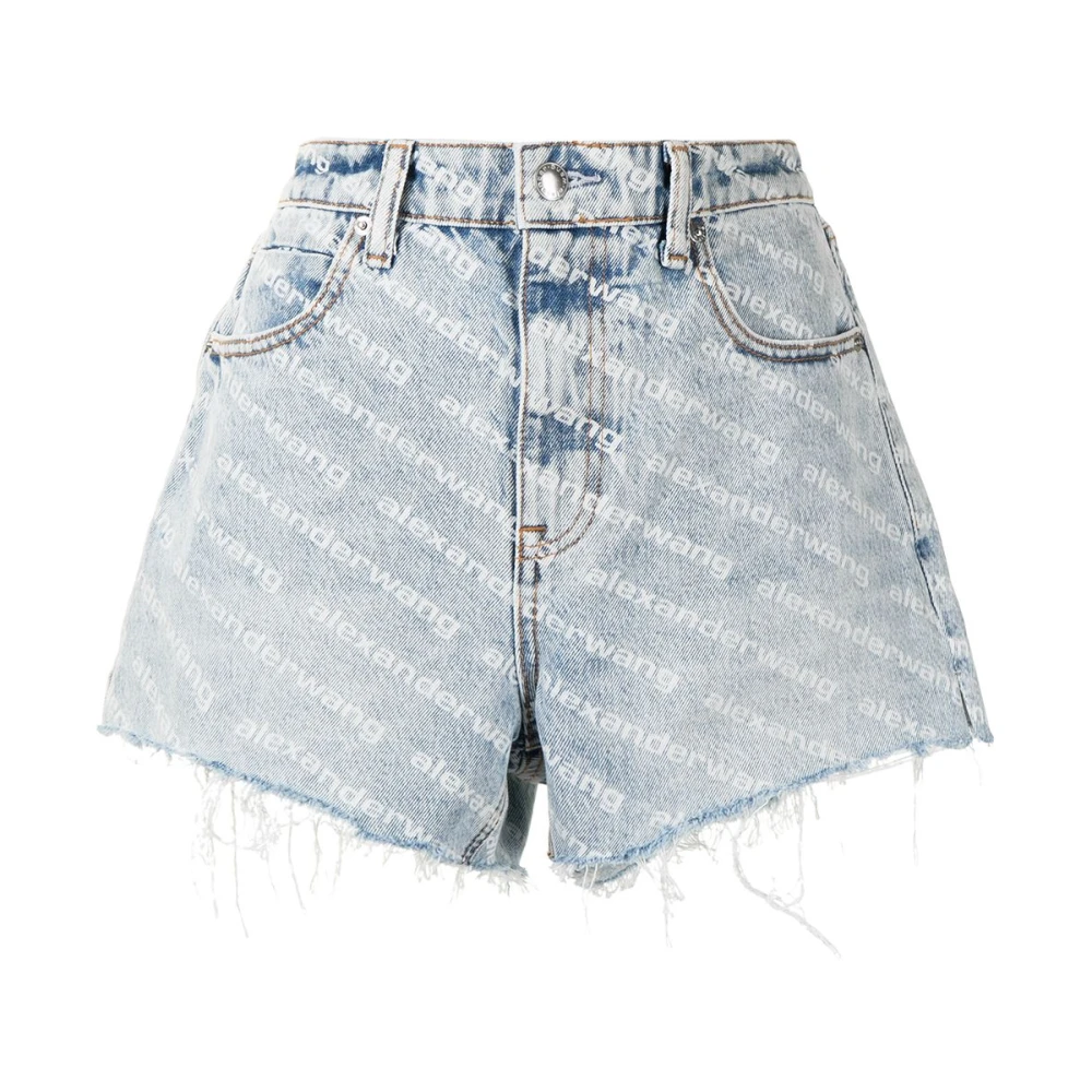 Alexander wang Denim Shorts met All-Over Logo Print Blue Dames