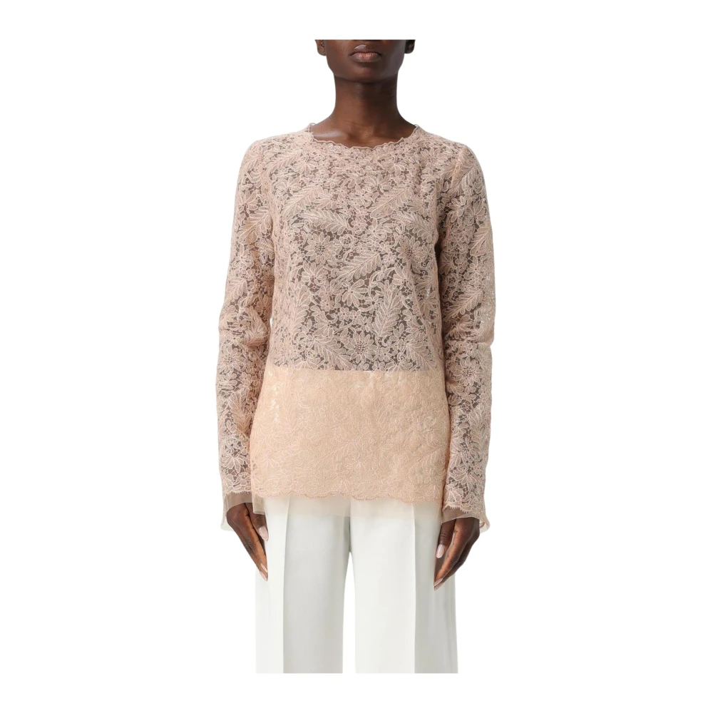 Ermanno Scervino Women's Beige Round-Neck Knitwear,, Elegant Lace Top Small