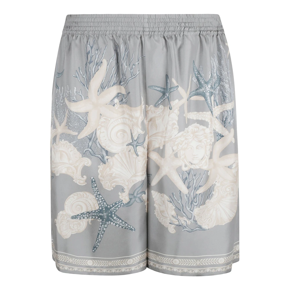 Versace Vakantie Zijden Twill Bedrukte Shorts Blue Heren